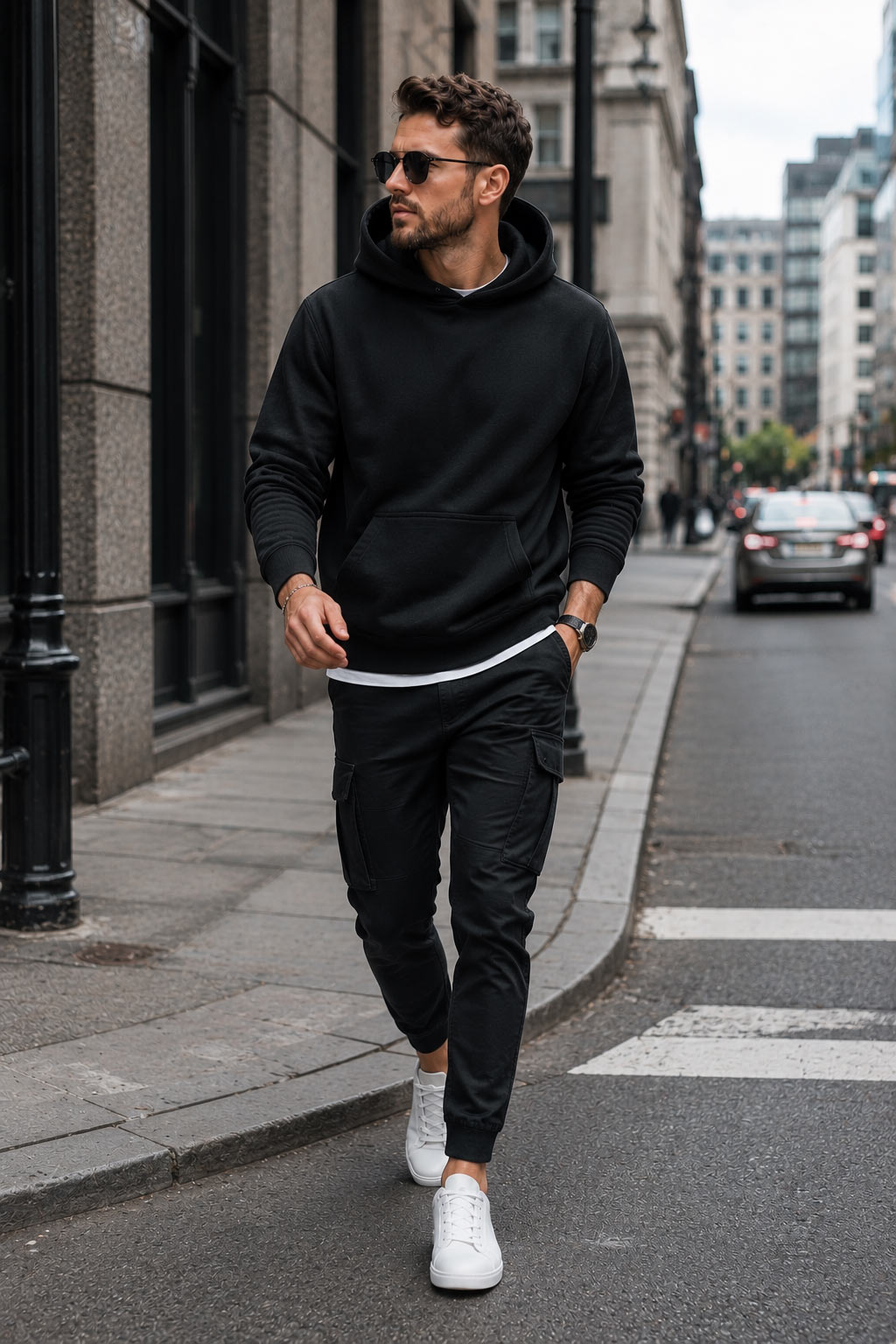 Mężczyzna w miejskiej stylizacji Recea: czarna bluza z kapturem hoodie pod spodem biały T-Shirt, czarne chinosy i białe sneakersy na tle miejskiej architektury.