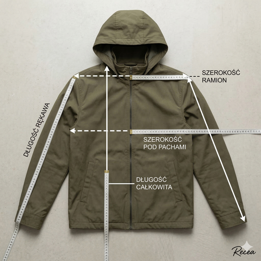 Grafika instruktażowa Recea: jak mierzyć kurtkę męską na płasko – 4 kluczowe punkty pomiaru