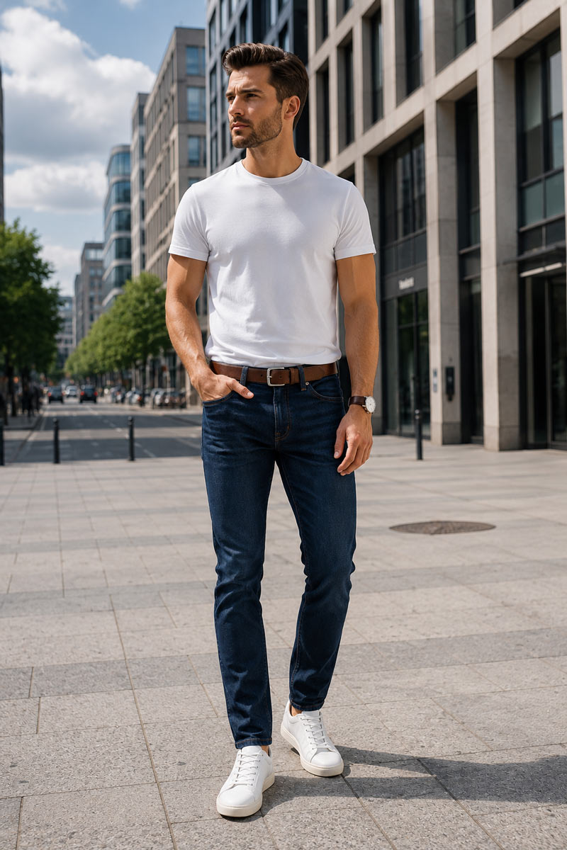 Męska stylizacja z jeansami Recea: ciemnoniebieskie jeansy slim fit, biały t-shirt premium i skórzany pasek zaprezentowane na nowoczesnym, jasnym tle.