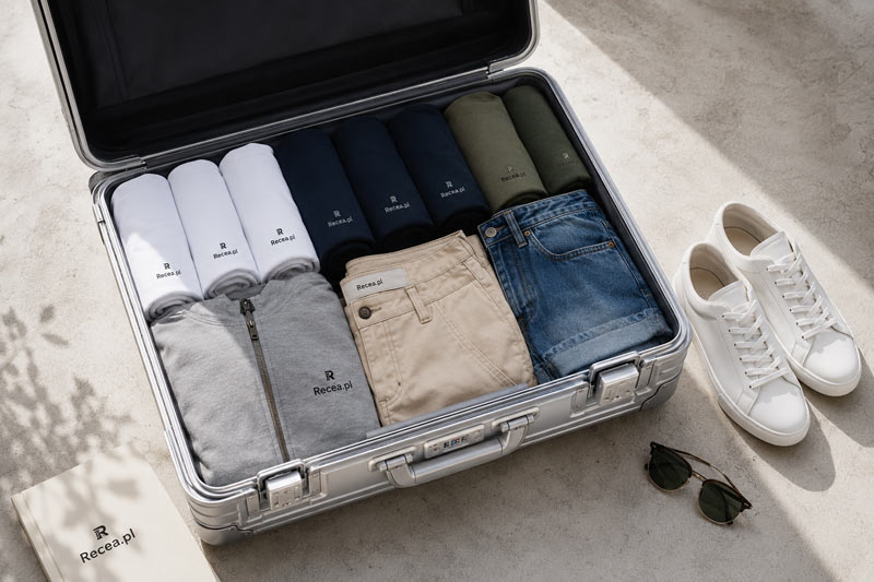 Wakacyjna męska szafa kapsułowa z Recea: estetycznie ułożone w otwartej walizce spodenki chino, t-shirty premium, zwinięta bluza i białe sneakersy.